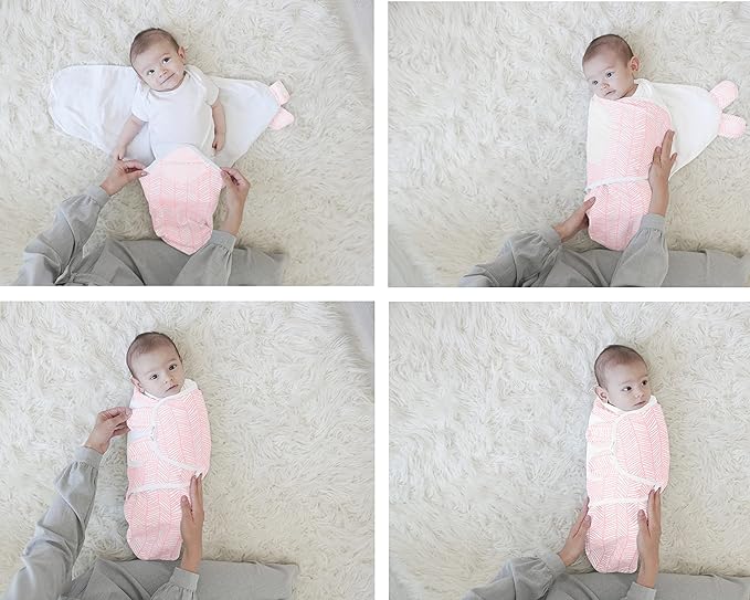 BaeBae Goods Swaddle Blankets, Set of 4, 100% Cotton, Lightweight, Breathable, Adjustable for Boys and Girls, 0-3 Months (Pink/Grey Triangles)
