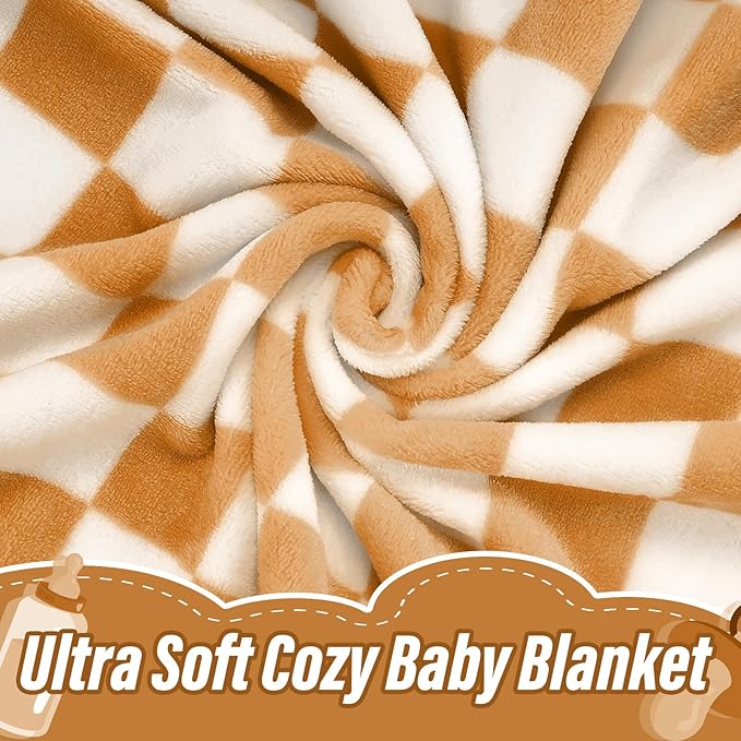 Plush Checkered Baby Blanket for Boys Girls Nursery, 30"*40" Warm Short Fleece Blanket Neutral for Infant Newborn, Small Fuzzy for Sleeping, Chenille Baby for Stroller (Orange&White)