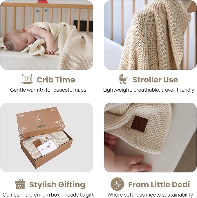 100% Organic Cotton Baby Knitted Blanket with Gift Box - Soft Toddler, Crib, Stroller Blanket - Neutral Swaddle and Receiving Blanket for Newborns, 30"x40", Color Earth Ivory