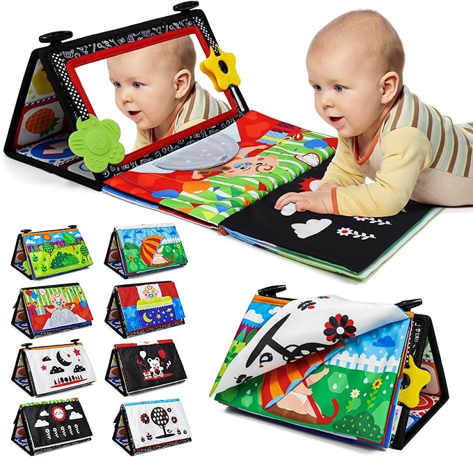 Dr.Rapeti Tummy Time Floor Mirror for Baby Infant Toddler Kids Black and White High Contrast Baby Toy with Crinkle Cloth Book Teethers Floor Activity Toy Washable Non-Toxic