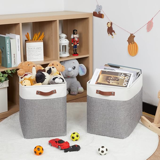 HNZIGE Large Storage Baskets Rectangular Storage Bins Baskets for Organizing [2 Pack] Tall Shelf Baskets with Handles, Decorative Organizer for Storage Home, Closet (White Grey)