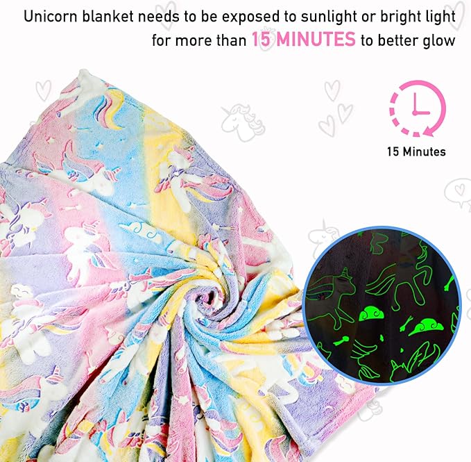 Unicorn Glow in The Dark Blanket for Girls/Kids, Soft Fleece Throw 30"x40" - Age 3-12