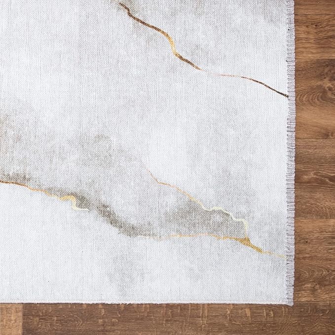 Bloom Rugs Caria Washable Non-Slip 10 ft Runner - Ivory/Gold Modern Abstract Runner for Entryway, Hallway, Bathroom, and Kitchen - Exact Size: 2'6" x 10'