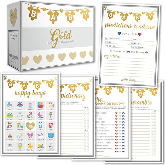 Party Hearty Baby Shower Games for Girl or Boy, 250 pcs 5 Games Activities Cards, Funny Baby Shower Games, Gender Neutral, Baby Shower Ideas