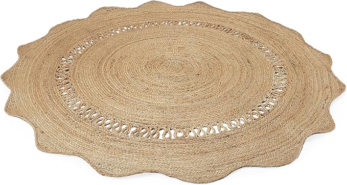 REDEARTH · Round Area Rug - 5 Feet Braided Scalloped Desert Wave Natural Jute Rug- Artisan Made Boho Jute Patterned Rugs for Bedroom, Kitchen, Living Room, Farmhouse, Handmade Vintage Decor