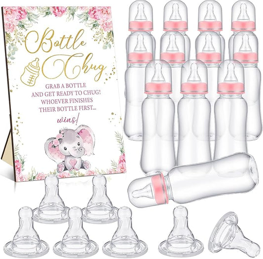 TrelaCo Cool Baby Shower Games Wooden Bottle Chug Sign Rustic Theme Gift Sets and 12 Pcs Baby Bottle Shower Favor for Rustic Kraft Games Gender Reveal (Pink Elephant)