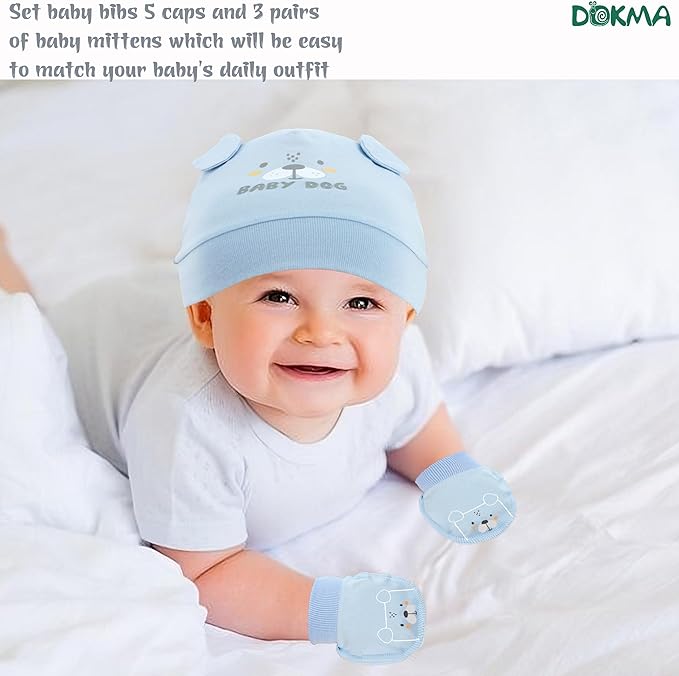 DOKMA Organic Cotton Baby Mittens and Caps Set with Adorable Bear Design for Newborn 0-6 Months, No Scratch, Ultra Soft - 5 Caps x 3 Mittens, Cute Blue