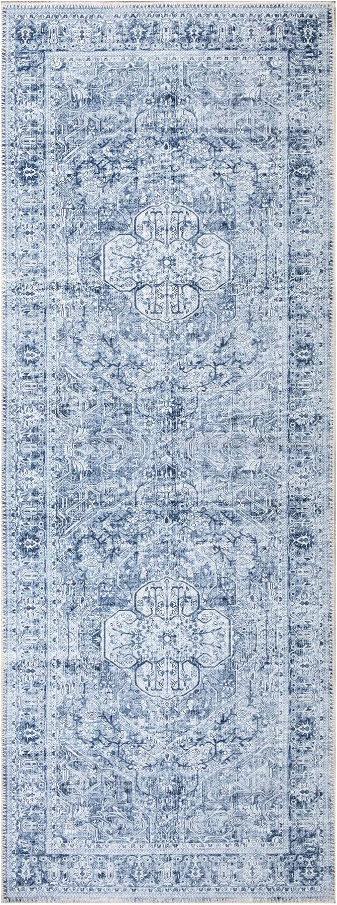 Bloom Rugs Washable Non-Slip 7 ft Runner - Ivory/Denim Blue Traditional Medallion Runner for Entryway, Hallway, Bathroom, and Kitchen - Exact Size: 2.5' x 7'