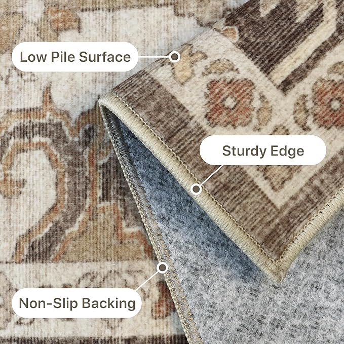 GENIMO 8x10 Area Rugs for Living Room, Machine Washable Non Slip Vintage Retro Rugs, Low Pile Lightweight Chenille Print Rug for Bedroom, Dining Room, Home Office, Ebony Taupe