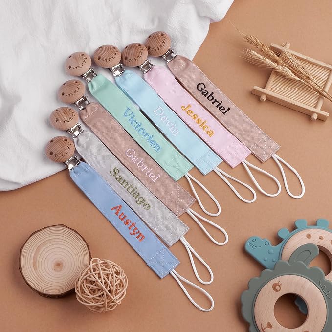 TYRY.HU Personalized Pacifier Clip with Name, Embroidery Pacifier Holder for Baby Girls and Boys, Neutral Binky Clips Universally Fit All Pacifiers & Baby Toys, Baby Gift, 2 Pack(Blue,Light Blue)