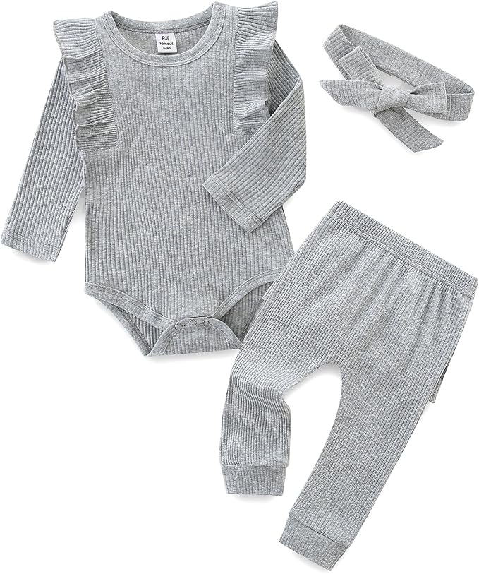 Fullfamous Baby Girl's 3pc Rib Frill Long Sleeve Romper and Pant Set