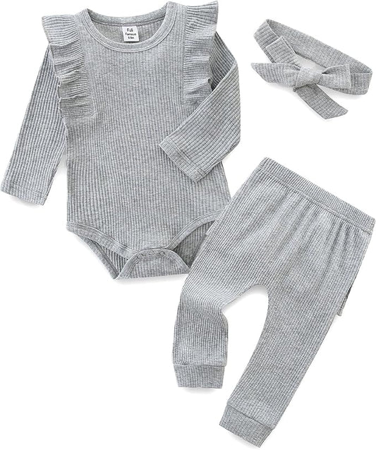 Fullfamous Baby Girl's 3pc Rib Frill Long Sleeve Romper and Pant Set