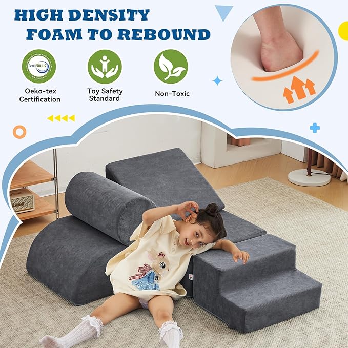 jela Kids Foam Climbing Blocks 6Pcs Soft Play Equipment Luxury Corduroy Fabric, Toddler Climbing Playset Indoor Soft Play Climbing for Toddlers, Lightweight Climbing Blocks for Babies (Darkgrey)