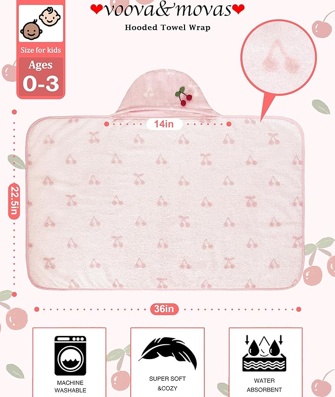 VOOVA & MOVAS Baby Hooded Bath Towel - 100% Cotton,35.5x24 Inches,0-3Years, Super Absorbent Large Towel with Cute Dino Hood for Newborn, Baby, Toddler,Pink Cherry