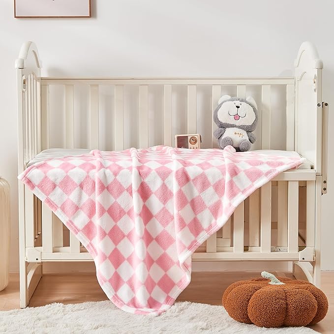 Yurhap Checkered Baby Blanket for Girls Pink Fleece Baby Blankets for Girls Boys, Warmer Comfort Lightweight Bed Blanket for Toddlers Infants or Newborn, 30''x40'', Pink