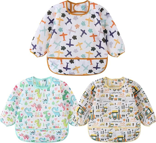 3 Pcs Waterproof Long Sleeves Baby Bibs Weaning Smock Bib 3-24 Months