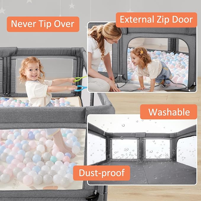 Cholena 79"x59" Foldable Baby Playpen with Bottom – Play Yard for Contained Play Space, Indoor Safety Fence with Zipper Door(Cationic Light Grey)