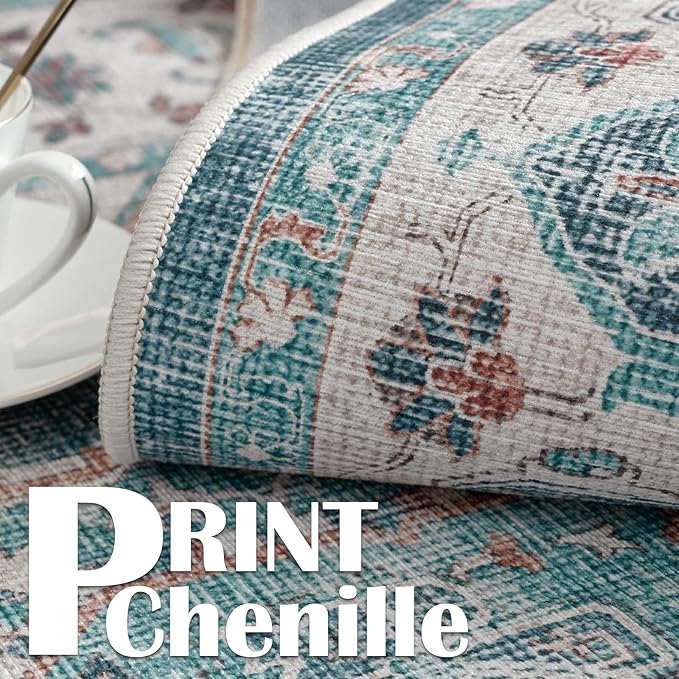 jinchan Area Rug 4x6 Washable Vintage Rug Floor Cover Traditional Thin Blue Multi Distressed Floral Print Indoor Mat for Bedroom Living Room Kitchen Dining Room