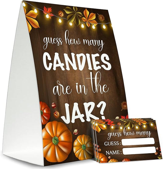 Guess How Many Candies Are in the Jar (1 Standing Sign + 50 Guessing Cards),Pumpkin Halloween,Bridal Shower Sign,Baby Shower Sign - NG01