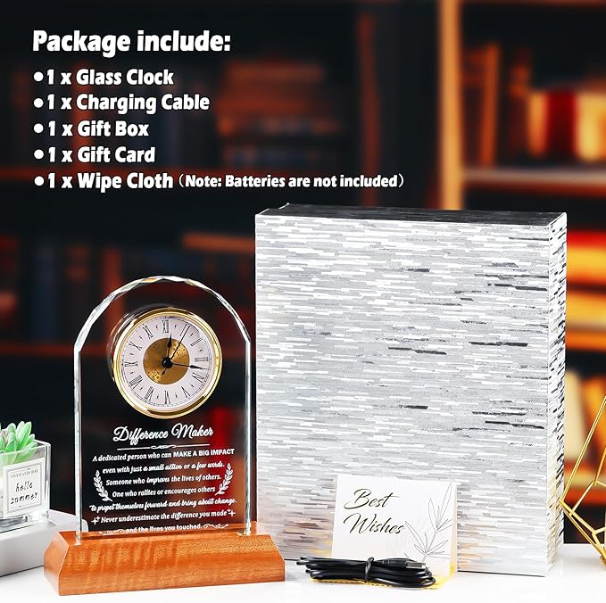 Difference Maker Glass Clock Gifts, Thank You Gift for Coworker Boss Mentor Leader Teachers Employee with Wooden Light Base, Crystal Difference Maker Plaque Appreciation Keepsake for Women Men