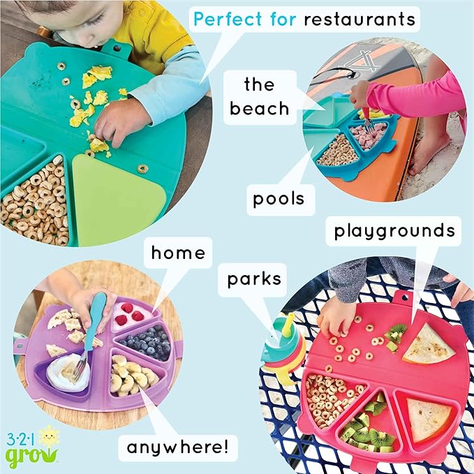 On-The-Go Snack Mat – Baby Silicone Travel Dining Placemat – Portable Silicone Toddler Plate – Reusable Snack Container with 3 Compartments and Lids for 6 Months + (Plum)