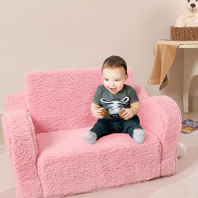 Kids Chairs for Toddler, 2-in-1 Toddler Soft Sherpa Couch Fold Out, Convertible Sofa to Lounger for Girls and Boys, Pink