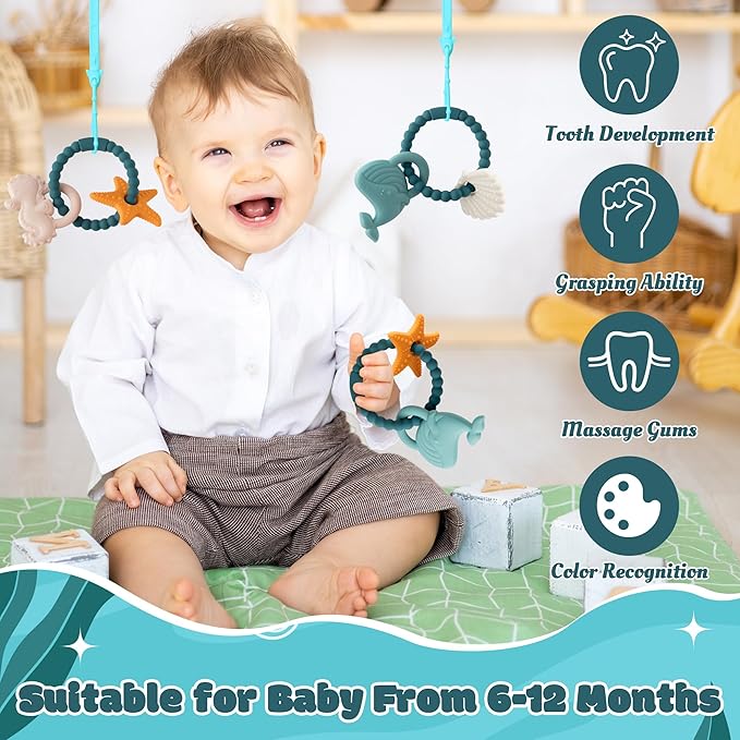 Silicone Teether Toys for Babies - 2ooya 3Pcs Summer Ocean Beach Themed Teething Ring, Baby Sensory Chew Toys with Rattles for Newborn Boy and Girl to Soothe Sore Gums, Baby Shower Birthday Gifts