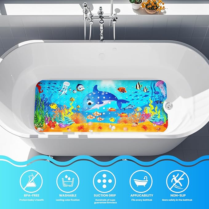 Linoows Baby Bath Tub Mat, 40 x 16 Inch Extra Large Non Slip Kids Cartoon Bathtub Shower Mats with Suction Cups & Drain Holes, Machine Washable for Bathroom, Undersea Dolphin