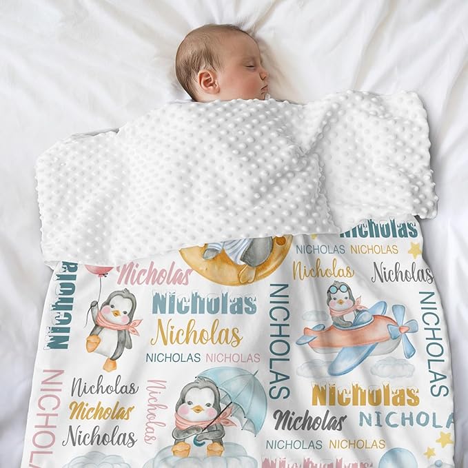 Personalized Baby Blanket for Girls Boys Penguin Custom Baby Blankets with Name Dotted Backing Customized Gifts for New Mom Customize Baby Blanket for Kids Newborn Birthday