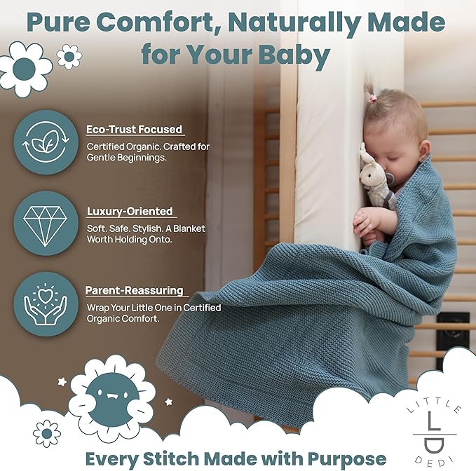 100% Organic Cotton Baby Knitted Blanket with Gift Box - Soft Toddler, Crib, Stroller Blanket - Neutral Swaddle and Receiving Blanket for Newborns, 30"x40", Smoke Blue