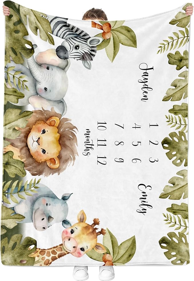 MDPrints Twin Milestone Baby Blanket, Custom Monthly Blankets for Twins Boys and Girls, Customized Gifts with Name (Twin Safari HPDK02)