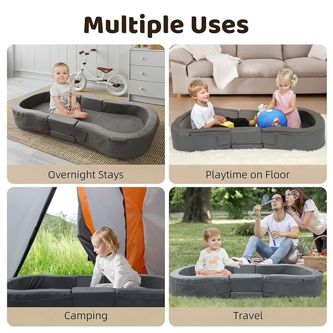ENITYA Toddler Travel Bed, Foldable Floor Cot with Washable Cover for Travel, Camping, Home, Portable Crib for Kids Aged 18M–5Y, Easy to Use, Kids Cot for Sleeping, Grey