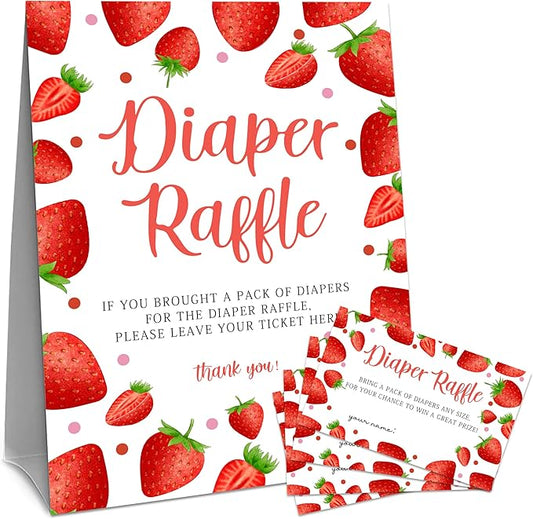 Strawberry Diaper Raffle Set For Baby Shower - 50 Raffle Tickets With 1 Standing Sign - Baby Announcement, Gender Reveal Baby Shower Party Decoration Game Set - A08