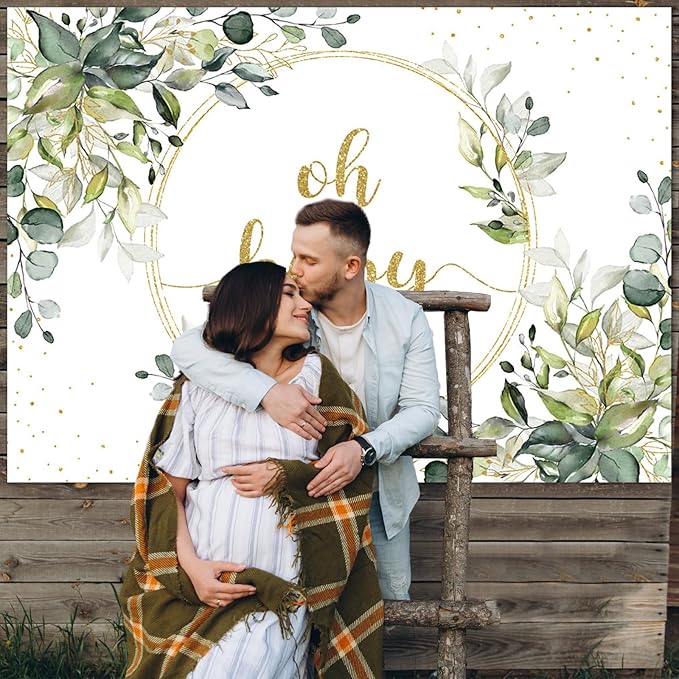 Mocsicka Greenery Baby Shower Backdrop Gold Oh Baby Background Green Eucalyptus Baby Shower Party Cake Table Decoration Banner Photo Booth Props (7x5ft)