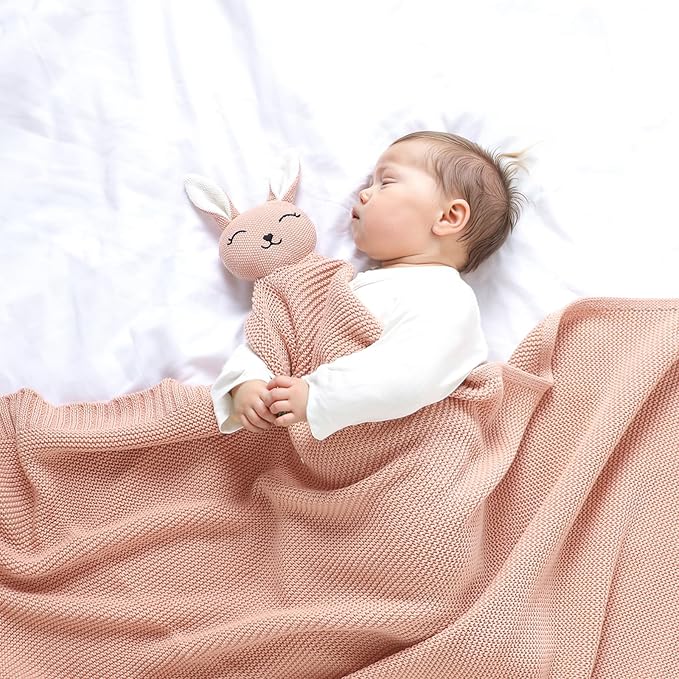 LAWKUL Bunny Lovey Baby Blanket Soft Plush Security Blanket Knit Snuggle Comfort for Newborns Toddlers Boy Girl Pink 40x30in