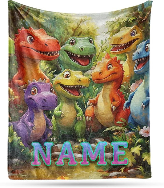 Ship Next Day, Custom Dinosaur Blanket - Printed in USA, Personalized Blankets with Name, Gift for Kids Boys Girls, Unique Present for Birthday, Christmas, Educational Blankets for Children