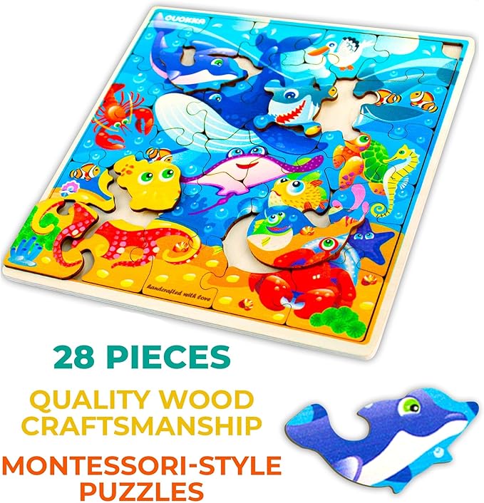 QUOKKA Wooden Ocean Puzzles for Kids Ages 3-5 – 28 Pieces Toddlers Kids Puzzles Ages 4-8 Year Olds – Wood Ocean Toys for Children Games for Boys and Girls 6-8 yo