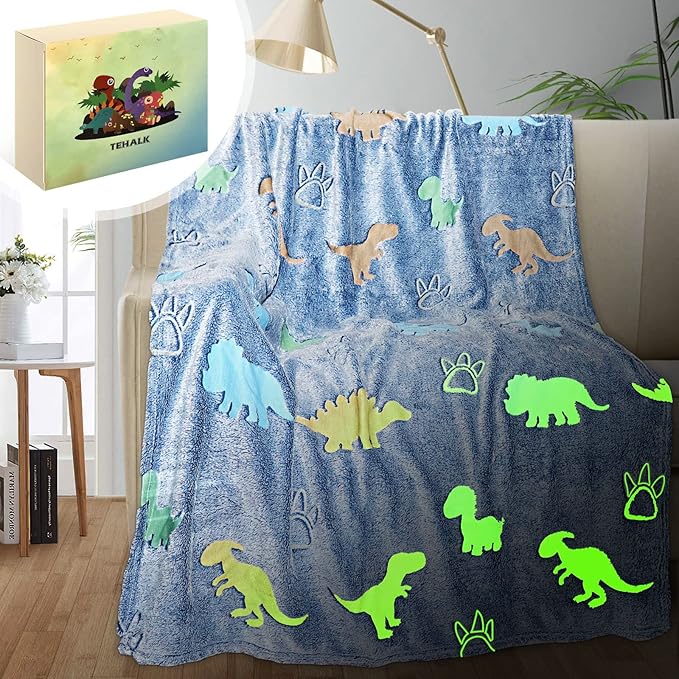 Dinosaur Blanket for Boys, Glow in The Dark Blanket for Kids, Kids Blanket for Boys, Toddler Blanket for Boys, Dinosaur Gifts for Boys/Kids, Soft Fleece Blanket, Birthday Gifts 50"x60"+Gift Box