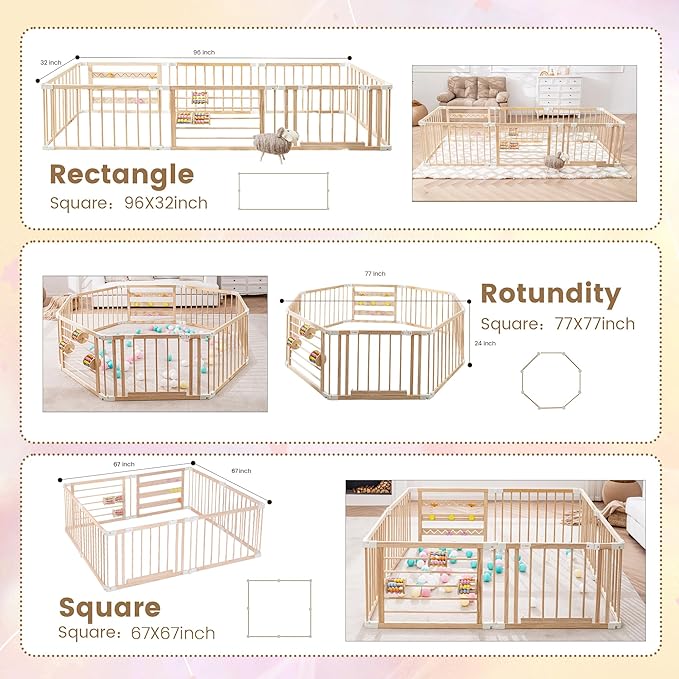 Wooden Playpen & Play Yards for Babies and Toddlers, 67 * 67inch Foldable Wood Baby Play Fence with Sensory Toys, Kids Activity Area Center Indoor Outdoor, Pinewood