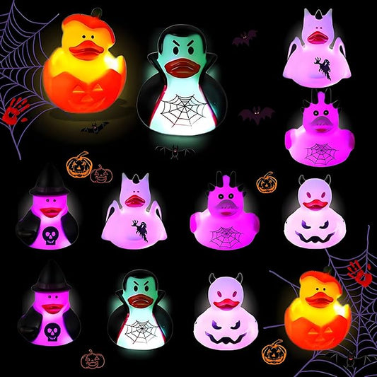 12PCS Halloween Light up Rubber Duck Glow in The Dark Pumpkin Skeleton Spider Bat Witch Duck Bathtub Toy for Kid Halloween Party Favor