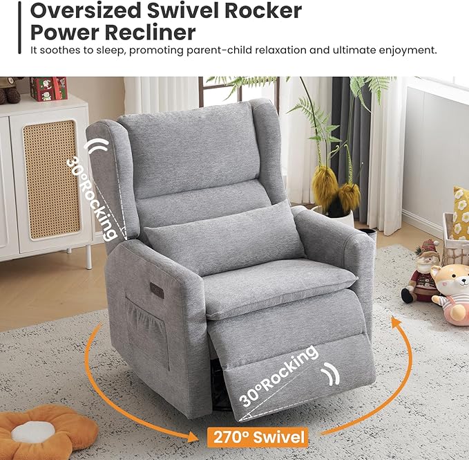 Oversized Swivel Rocker Recliner with Adjustable Headrest, 26" Extra Wide Glider Recliner Nursery Chair with Double Cushion, Chenille Glider Rocking Chair for Living Room,Cup Holder,Grey