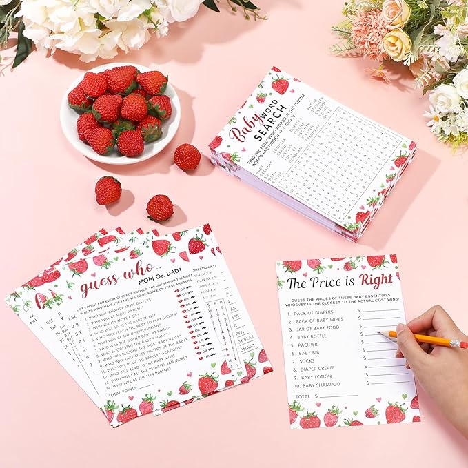 Jetec Strawberry Theme Baby Shower Games - 6 Games, 50 Sheets Each - Baby Shower Bingo, Word Scramble, Word Search, Predictions and Advice, The Price is Right, Guess Who