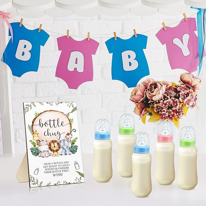 Roowest Bottle Chug Baby Shower Game Favors 12 Pcs Baby Bottles Shower Favor with 1 Wooden Sign for Gender Reveal Party Supplies Gifts(Animals)