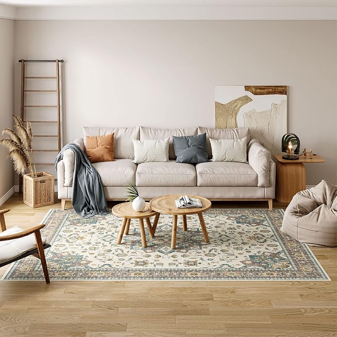 Dripex 8x10 Area Rugs - Stain Resistant Washable Rug Distressed Rugs for Living Room Dining Room Bedroom Anti-Slip Low-Pile and Soft Accent Rug Farmhouse Office Home Decor, Pet & Child Friendly