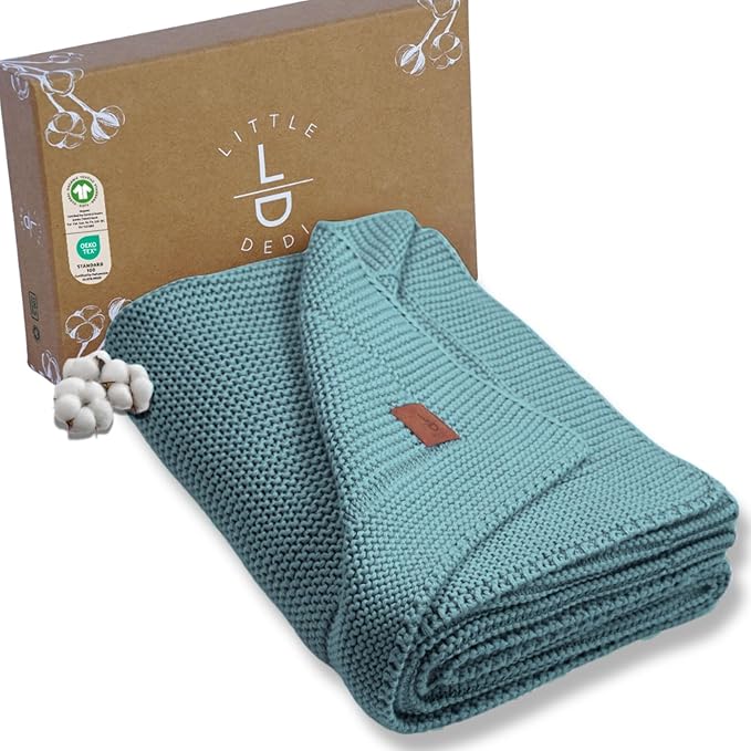 100% Organic Cotton Baby Knitted Blanket with Gift Box - Soft Toddler, Crib, Stroller Blanket - Neutral Swaddle and Receiving Blanket for Newborns, 30"x40", Smoke Blue