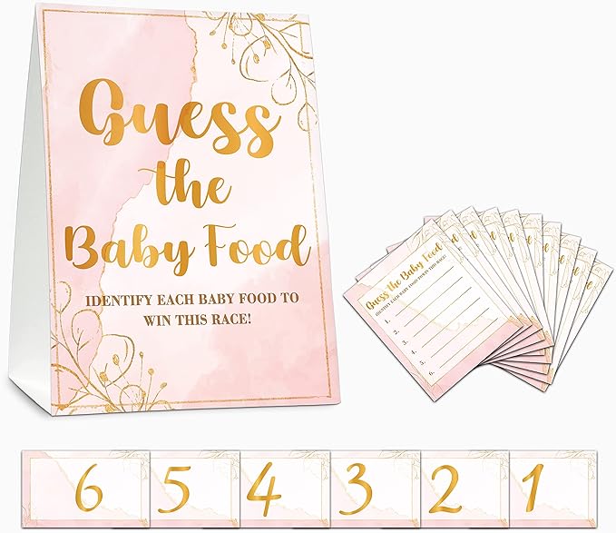 Baby Shower Game Set, Find The Baby Food Party Games(1 Standing Sign + 20 Answer Cards + 6 Number Cards), Blush Pink Shower Games, Gold Foil Gender Reveal Party Favor Decor(A03)