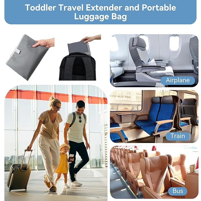 Toddler Airplane Bed, Portable Airplane Seat Extender for Kids, Durable Oxford Cloth – Waterproof and Easy to Clean, Flight Accessories for Toddlers Aged 1–4, Carry-On Compatible, Grey