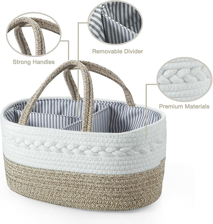 PandaEar Baby Diaper Caddy Organizer, Portable Nursery Storage Basket Cotton Rope Diaper Caddy for Baby Shower Gifts Newborn Infants -Brown