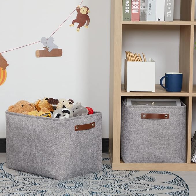HNZIGE Large Rectangle Storage Baskets for Shelves 16"×11.8"×11.8" Fabric Storage Bins with Handles (2 Pack) Decorative Storage Baskets for Organizing Clothes, Toy, Quilts, Sundries Closet(Gray)