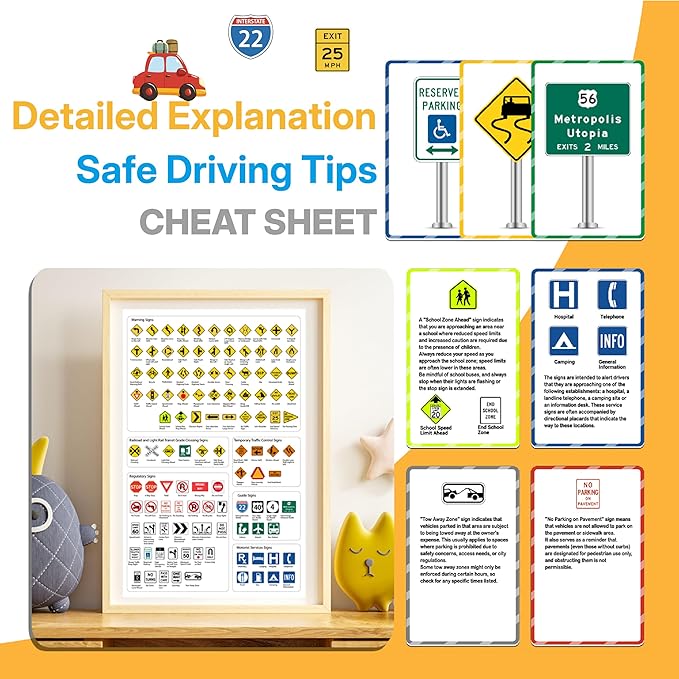 100 Road Sign Flash Cards with Cheat Sheet Color-Coded Detailed Explanation Safe Driving Tips Relevant Road Signs USA